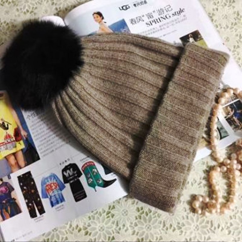 Pure Cashmere Hat Beige Fur Pom-Pom Women Winter Hat